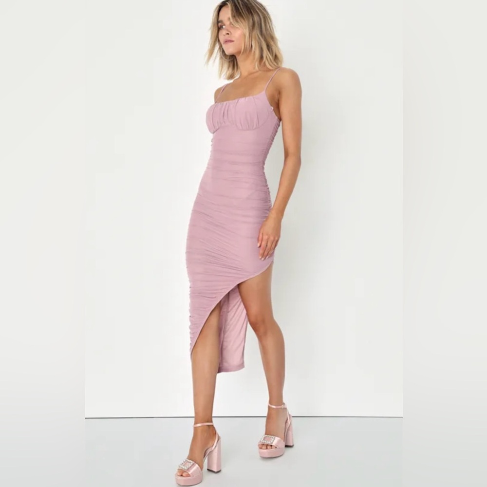 Lulus Sultry Impulse Mauve Pink Asymmetrical Ruched Midi Homecoming Dress NWT L/